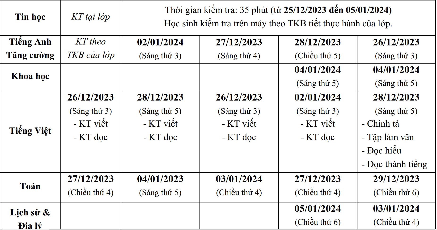 Lịch KTĐK HK1 2023-2024